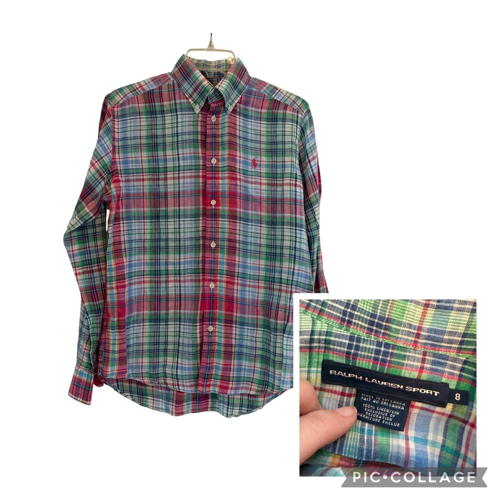 Ralph Lauren Sport Women 8 Linen Plaid Button Down Shirt Multi Color Pink Pony